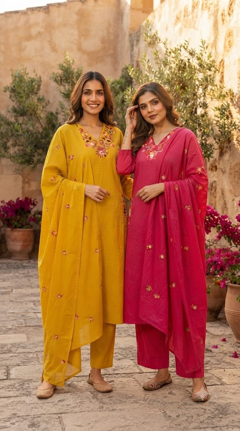 Solid A-Line Full Suit Set With Multicolor Contrasted Floral Embroidery Over Neckline- 15667