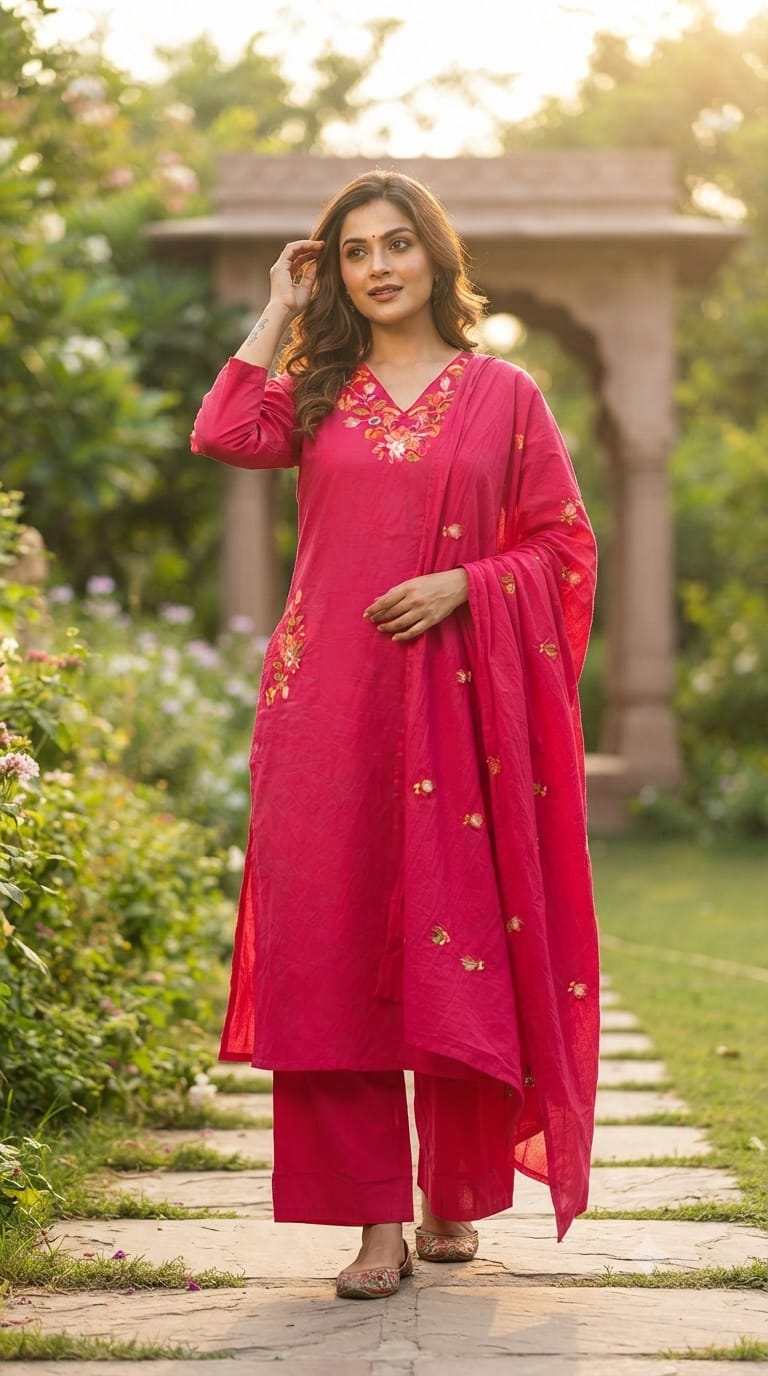 Solid A-Line Full Suit Set With Multicolor Contrasted Floral Embroidery Over Neckline- 15667