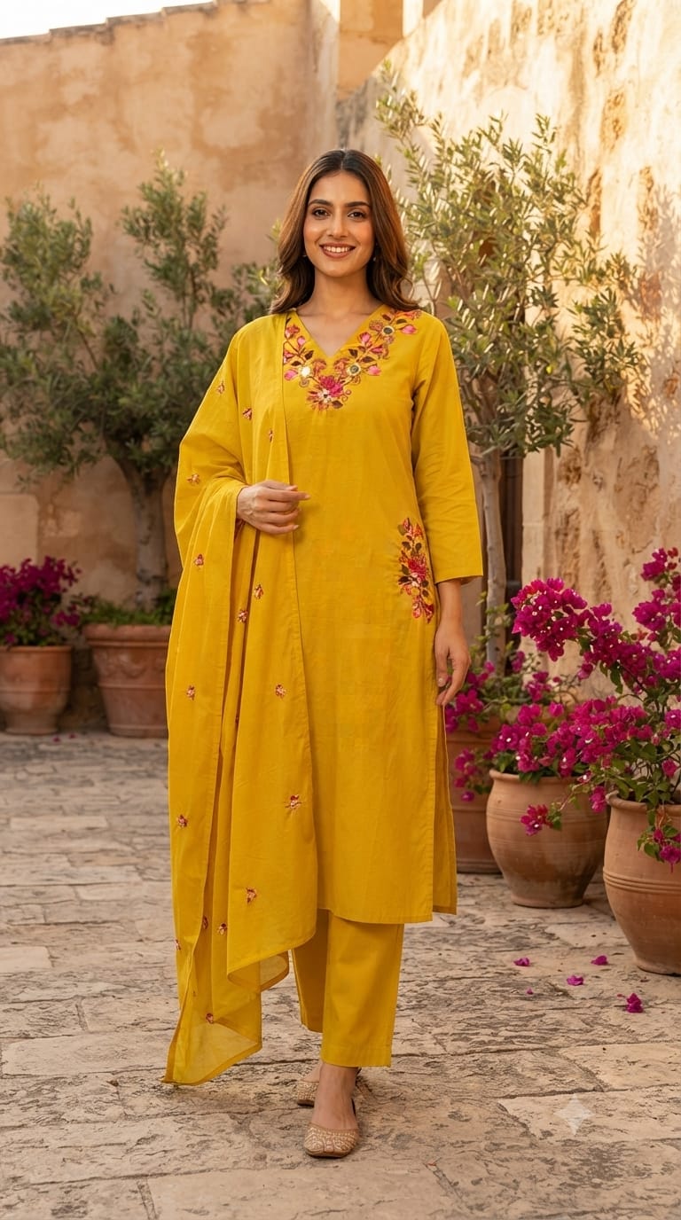 Solid A-Line Full Suit Set With Multicolor Contrasted Floral Embroidery Over Neckline- 15667