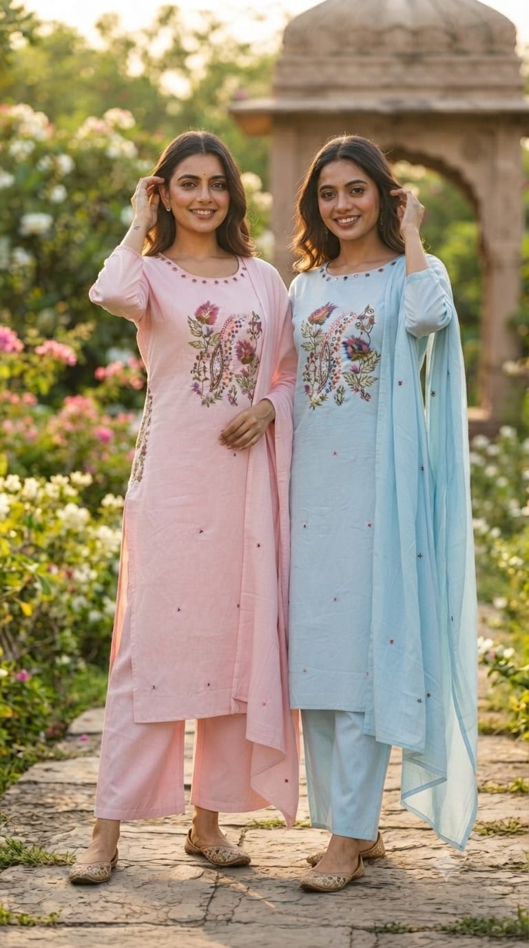 Contrasted Mossaic Floral Embroidery With Foil Mirror Touch Sili Cotton A-Line Full Suit Set With Dupatta- 15671