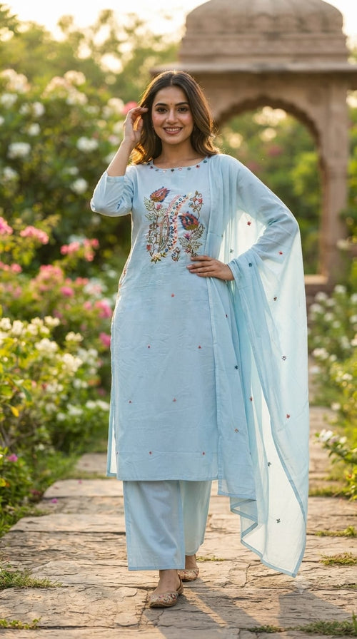 Contrasted Mossaic Floral Embroidery With Foil Mirror Touch Sili Cotton A-Line Full Suit Set With Dupatta- 15671