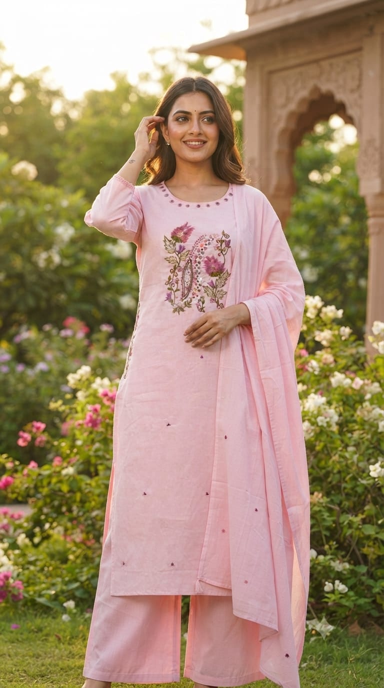Contrasted Mossaic Floral Embroidery With Foil Mirror Touch Sili Cotton A-Line Full Suit Set With Dupatta- 15671