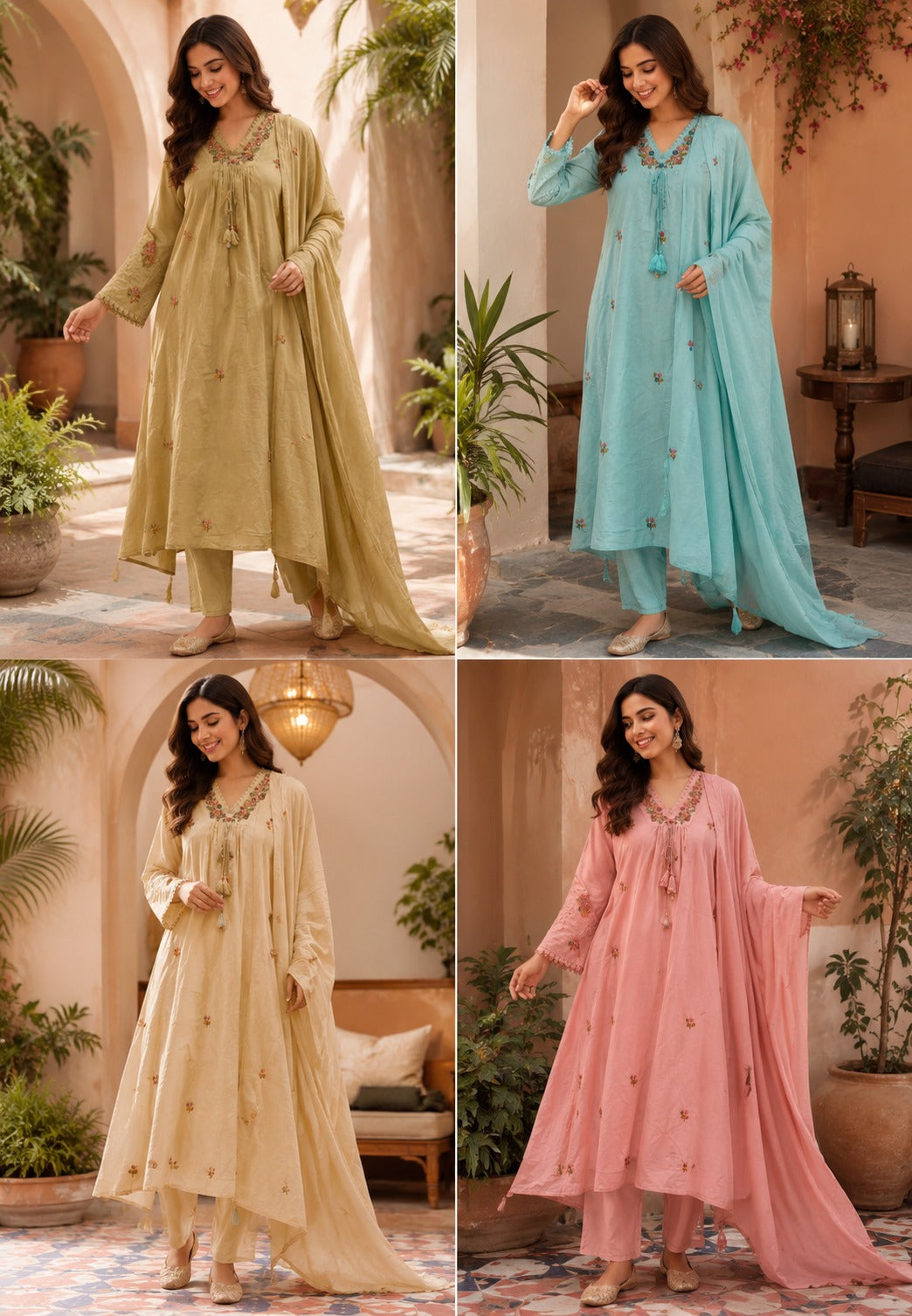 Fine Intricate Floral Embroidery With Crosia Touch Neckline Sili Cotton A-Line Full Suit Set With Dupatta- 15672