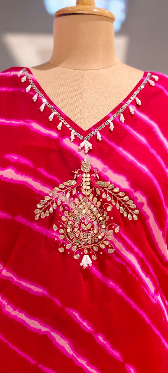 Beads Accented Gotta Neckline Lehriya Printed Georgette Kaftan With Dupatta- 15701