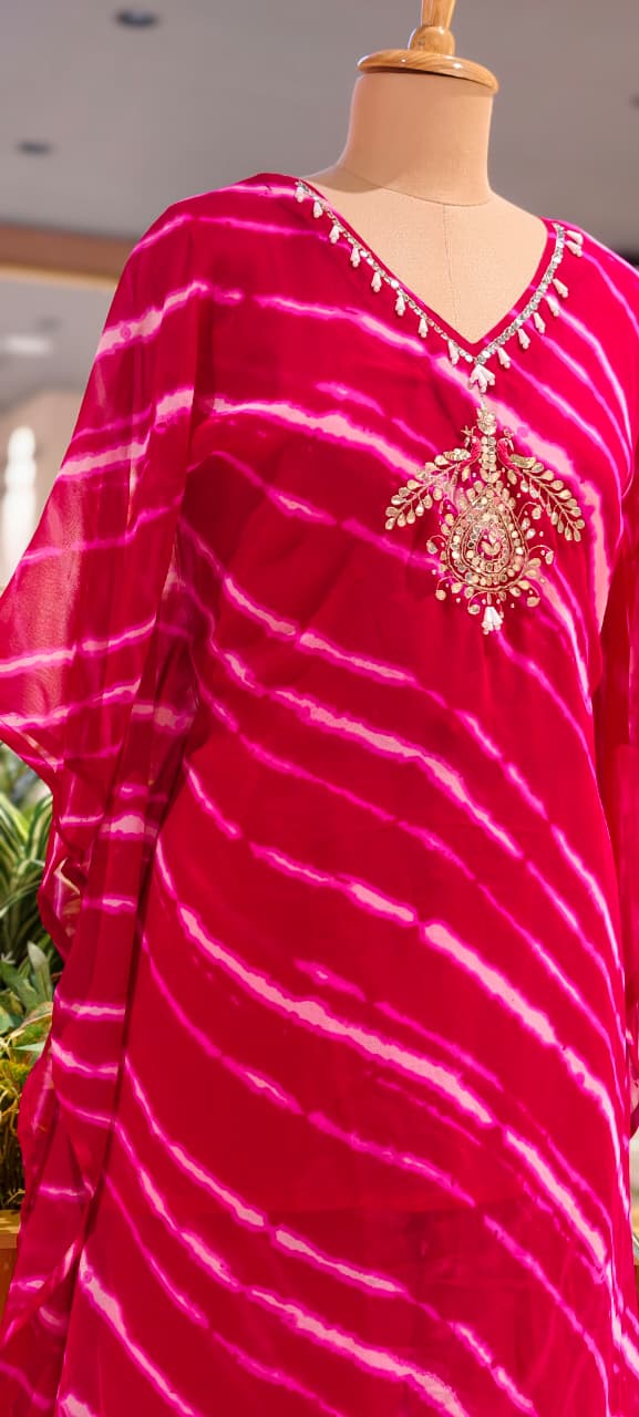 Beads Accented Gotta Neckline Lehriya Printed Georgette Kaftan With Dupatta- 15701