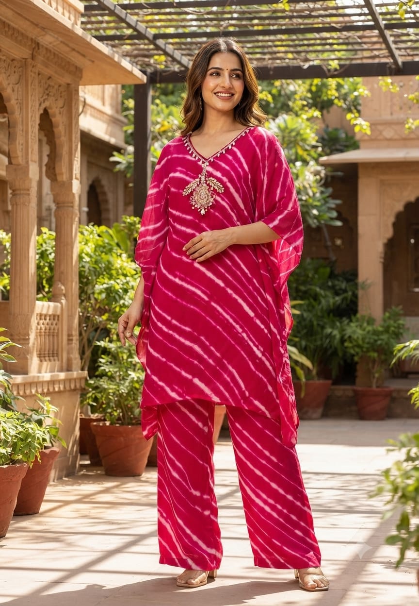 Beads Accented Gotta Neckline Lehriya Printed Georgette Kaftan With Dupatta- 15701