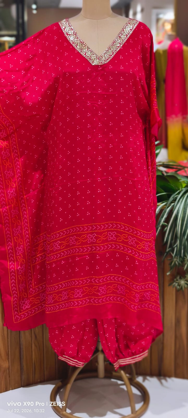 Embellished V-Neck Premium Semi Chinon Bandhani Print Kaftan Set with Balloon Pant- 15486