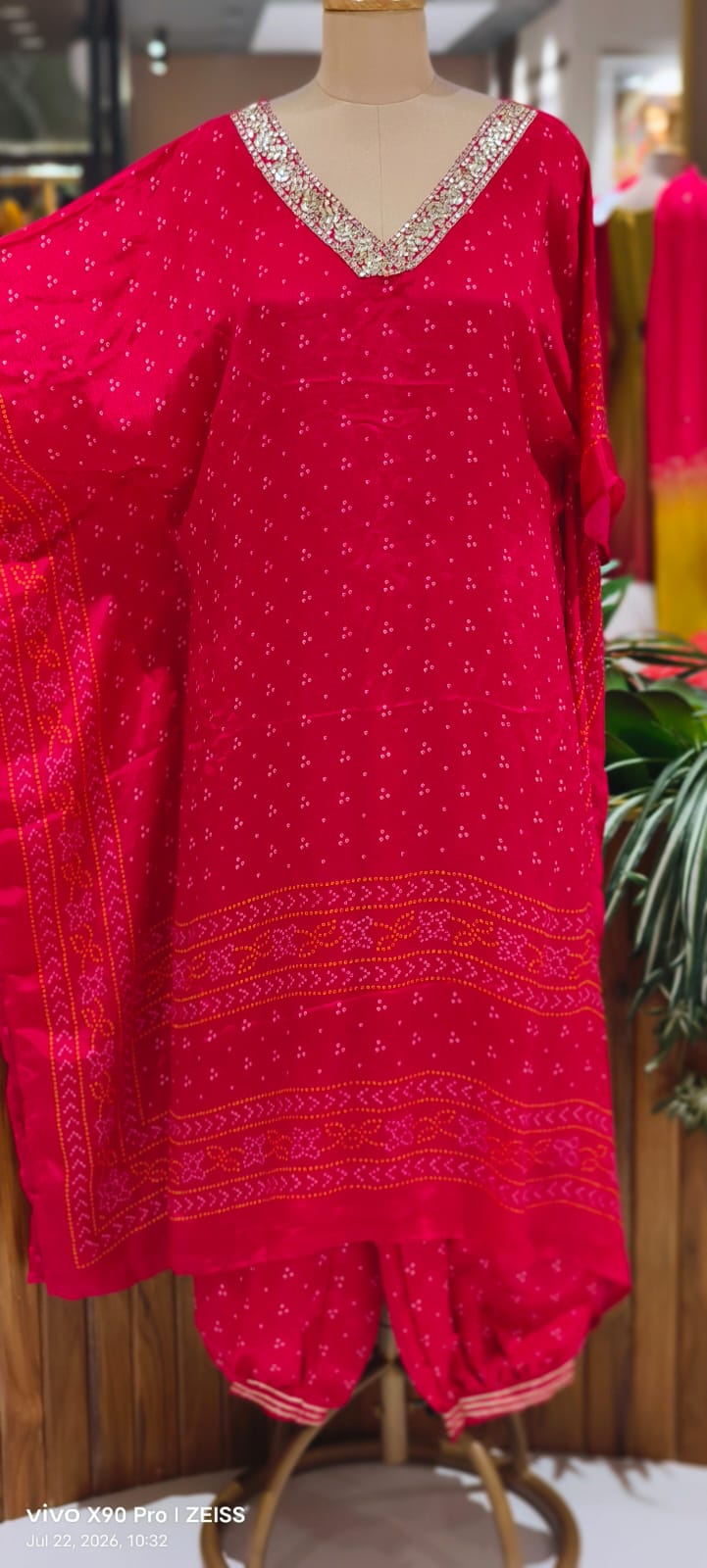 Embellished V-Neck Premium Semi Chinon Bandhani Print Kaftan Set with Balloon Pant- 15486