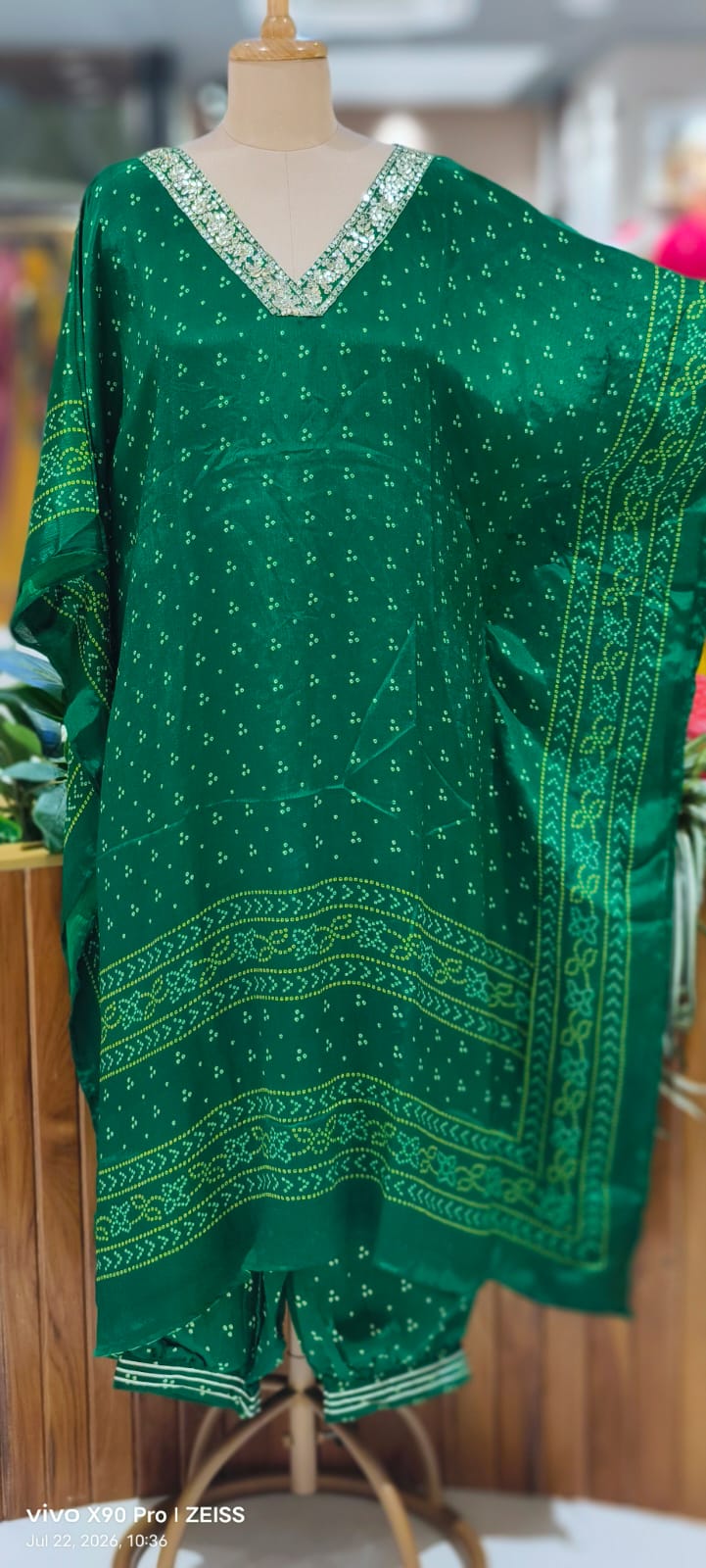 Embellished V-Neck Premium Semi Chinon Bandhani Print Kaftan Set with Balloon Pant- 15486