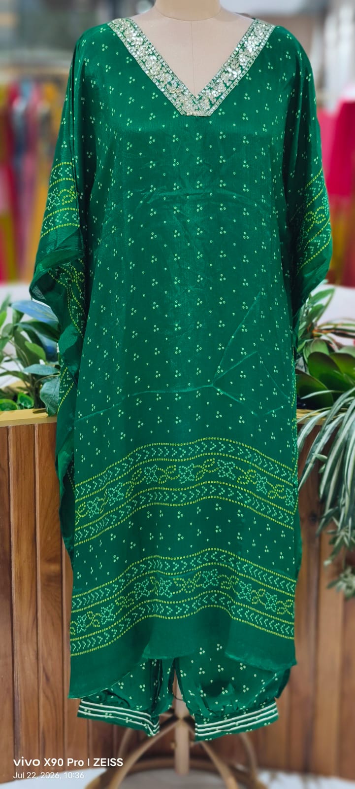 Embellished V-Neck Premium Semi Chinon Bandhani Print Kaftan Set with Balloon Pant- 15486