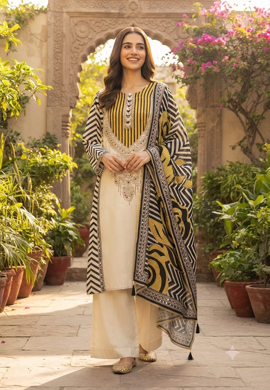 Black & Off-White Crepe Chevron Printed Kurta Set with Mirror Work Full Suit Set