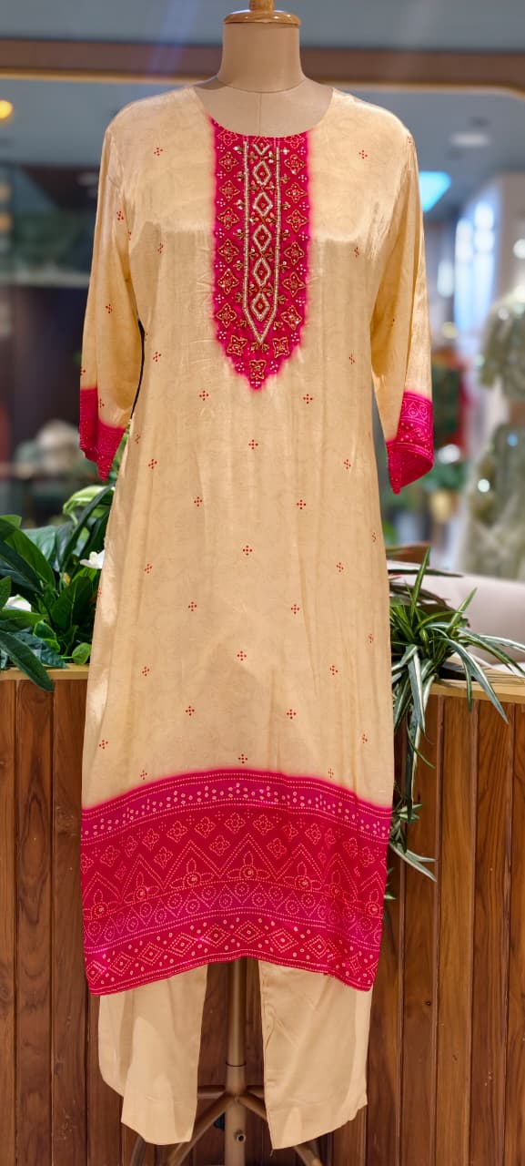 Vibrant Dual Tone Leheriya Bandhej Russian Silk Full Suit Set With Dupatta- 15743
