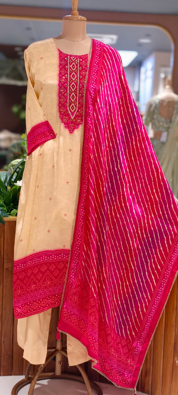 Vibrant Dual Tone Leheriya Bandhej Russian Silk Full Suit Set With Dupatta- 15743