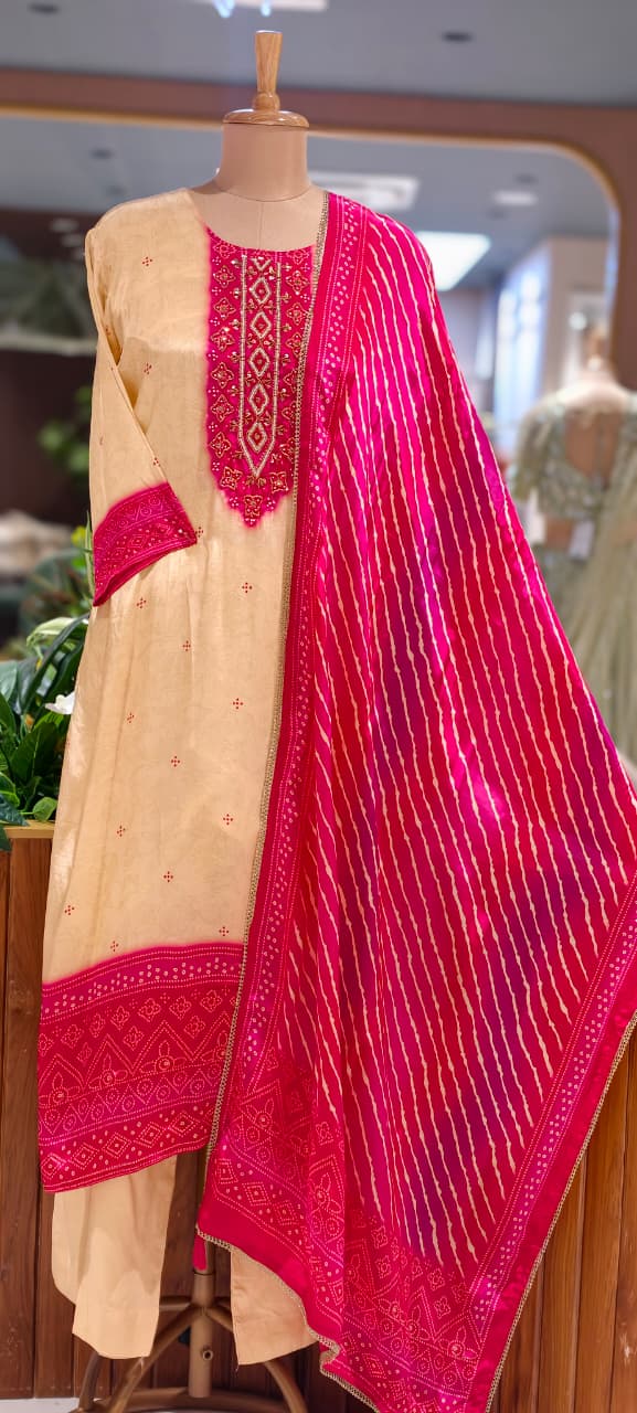 Vibrant Dual Tone Leheriya Bandhej Russian Silk Full Suit Set With Dupatta- 15743