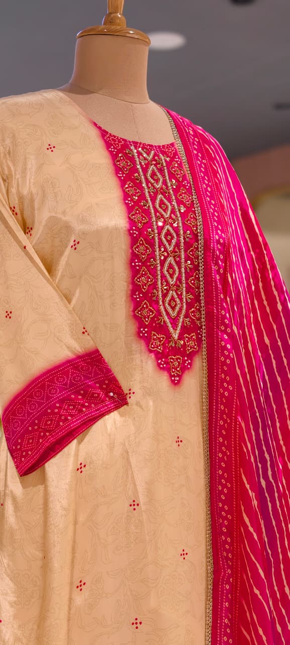 Vibrant Dual Tone Leheriya Bandhej Russian Silk Full Suit Set With Dupatta- 15743