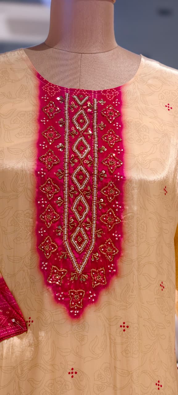 Vibrant Dual Tone Leheriya Bandhej Russian Silk Full Suit Set With Dupatta- 15743