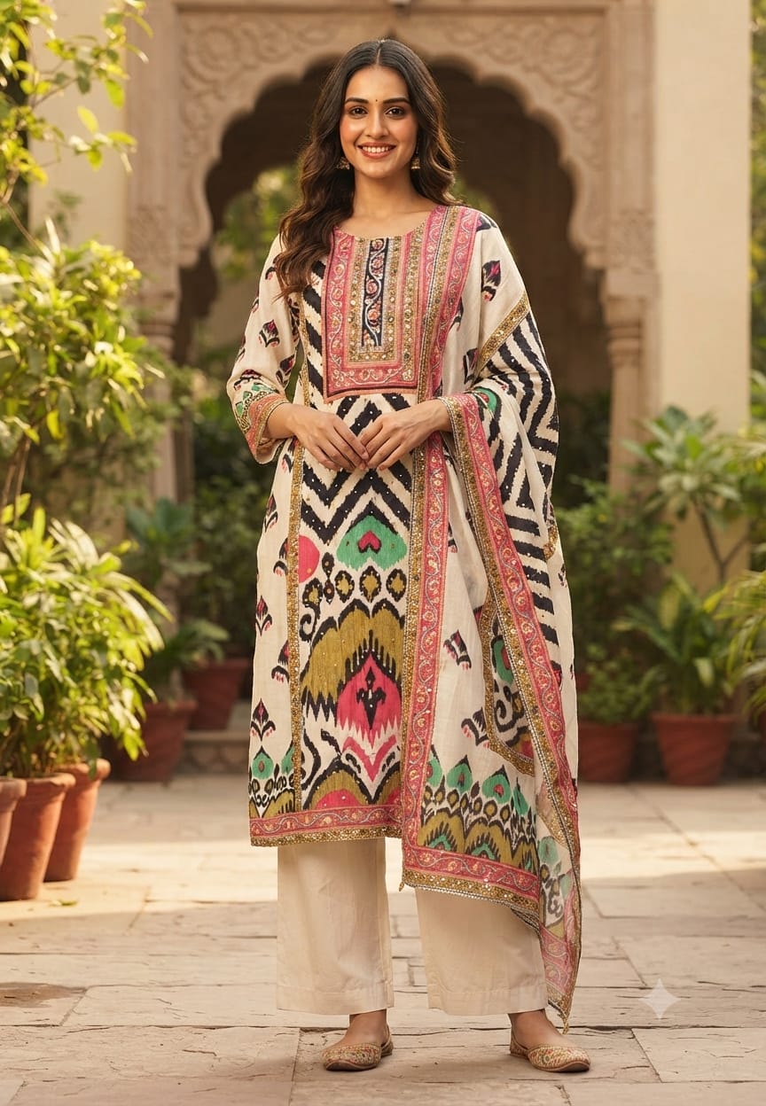 Multicolor Crepe Tribal Motifs Straight Kurta Pant With Dupatta