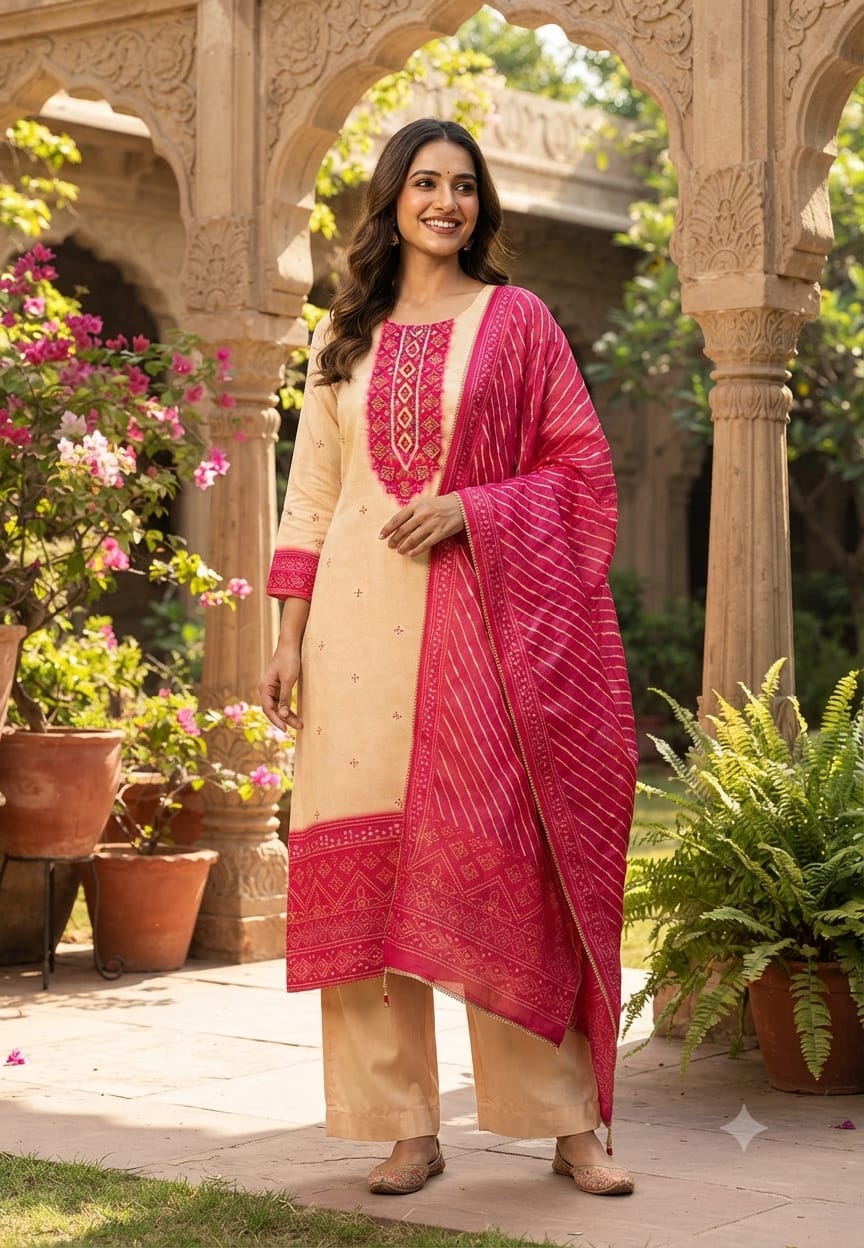 Vibrant Dual Tone Leheriya Bandhej Russian Silk Full Suit Set With Dupatta- 15743