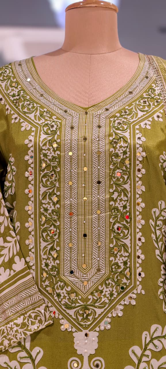Mehendi Green Traditional Paisley Motif Printed & Mirror-Work Yoke Ethnic Suit Set with Dupatta-