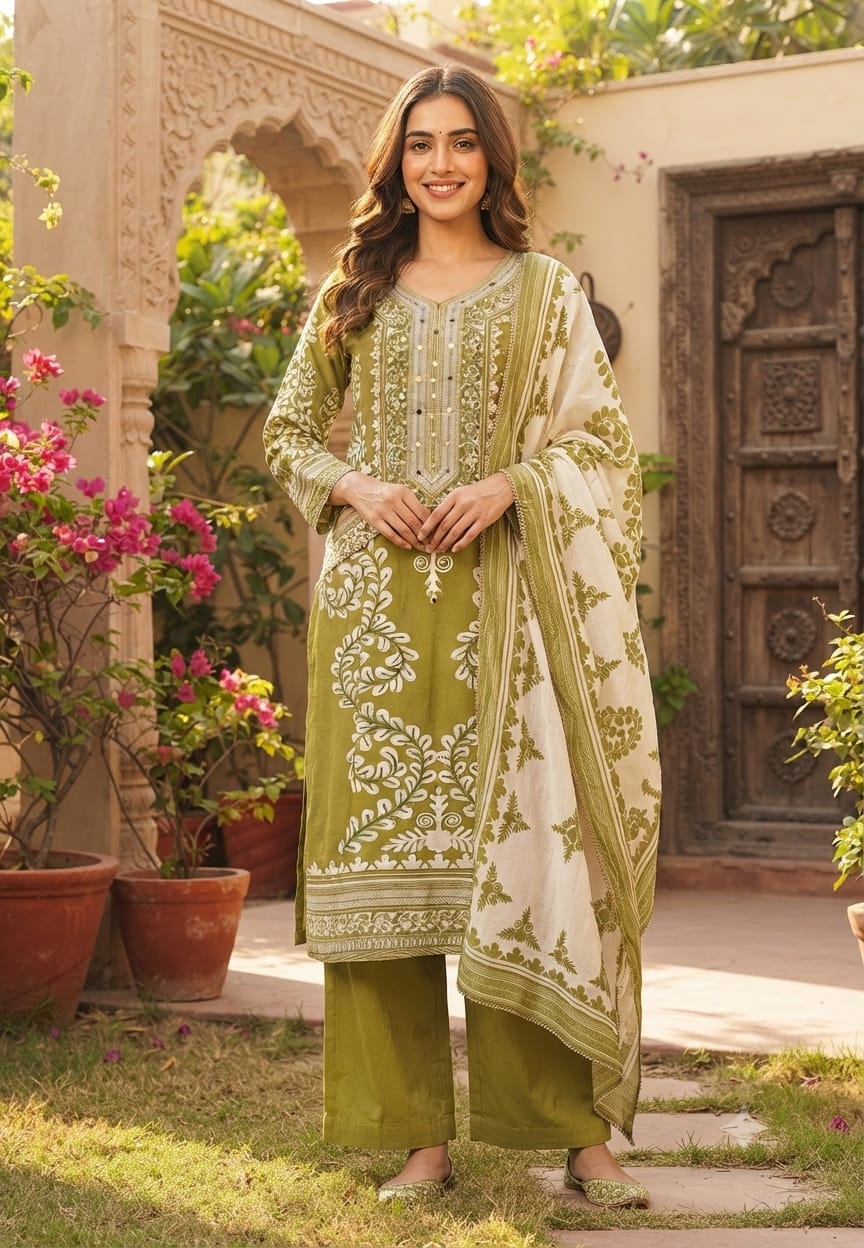 Mehendi Green Traditional Paisley Motif Printed & Mirror-Work Yoke Ethnic Suit Set with Dupatta-