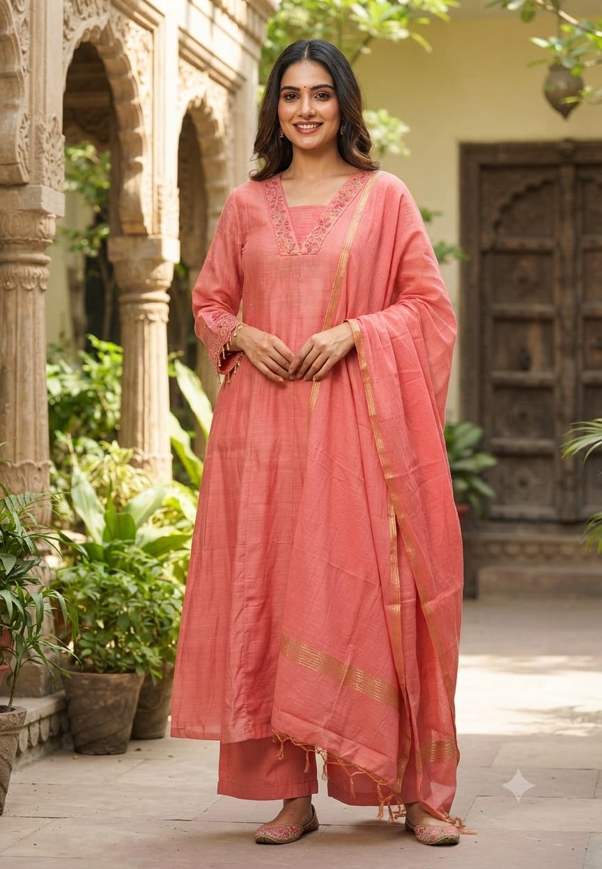Surat Mulchanderi Peach Pink Embroidered V-Neck Chanderi Kurta Set with Dupatta-