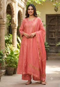 Surat Mulchanderi Peach Pink Embroidered V-Neck Chanderi Kurta Set with Dupatta-