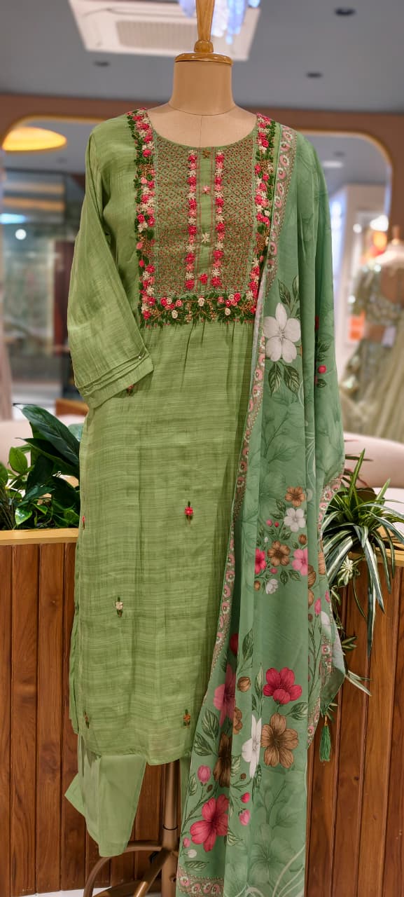 Off-White Floral & Sage Green Thread  Embroidered Ethnic Full Suit Set With Dupatta
