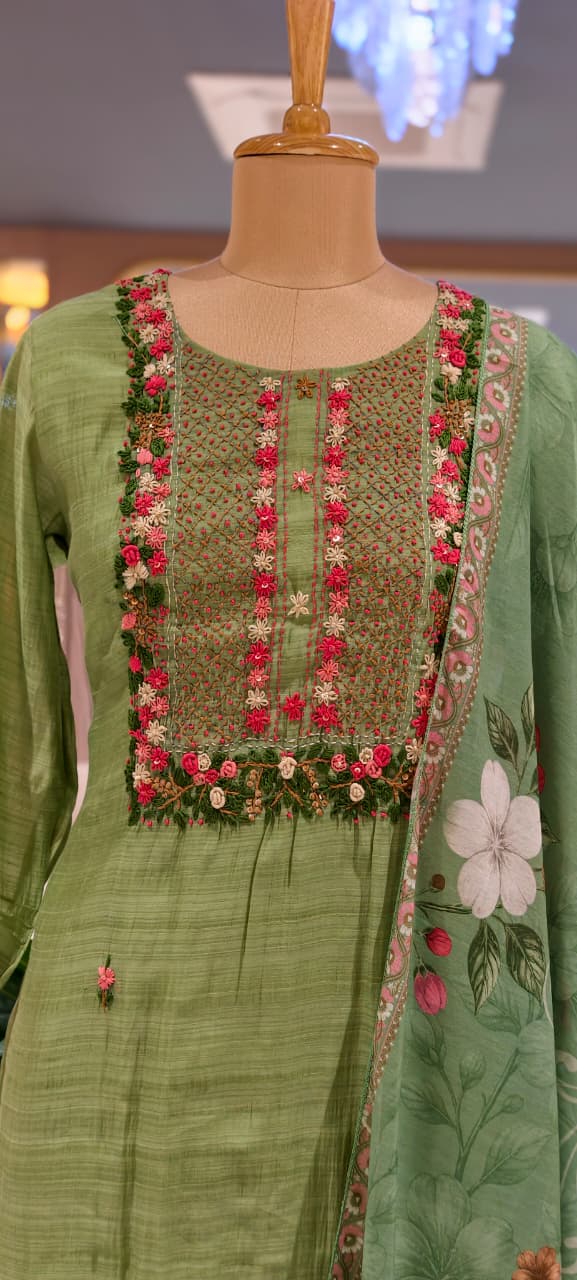Off-White Floral & Sage Green Thread  Embroidered Ethnic Full Suit Set With Dupatta