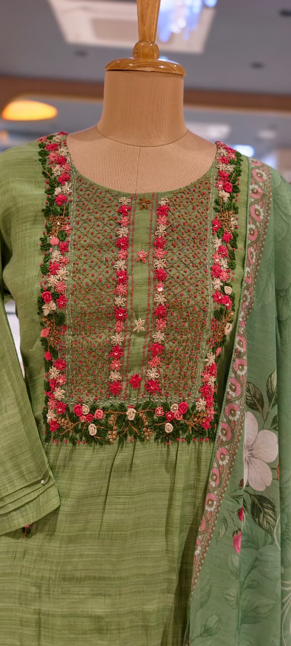 Off-White Floral & Sage Green Thread  Embroidered Ethnic Full Suit Set With Dupatta