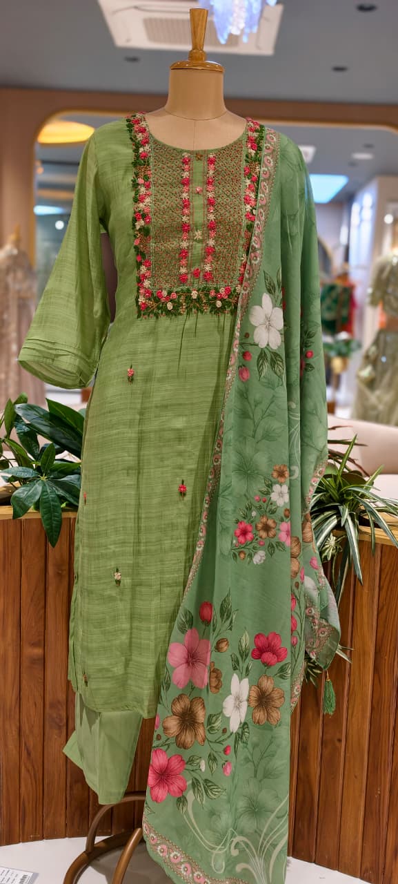 Off-White Floral & Sage Green Thread  Embroidered Ethnic Full Suit Set With Dupatta