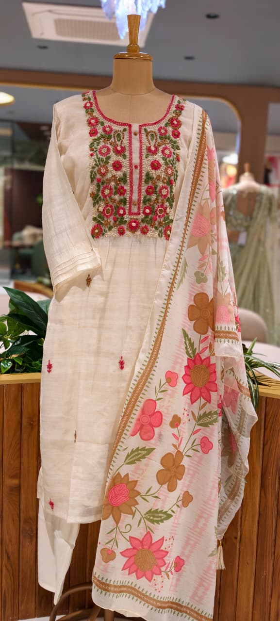 Off-White Floral & Sage Green Thread  Embroidered Ethnic Full Suit Set With Dupatta