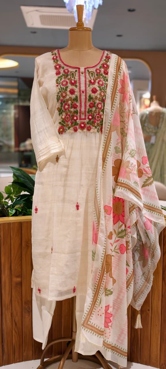 Off-White Floral & Sage Green Thread  Embroidered Ethnic Full Suit Set With Dupatta