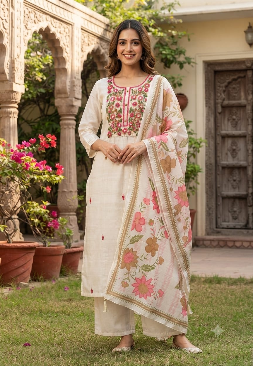 Handmade Floral Embroidered Straight Full Suit Set With Dupatta
