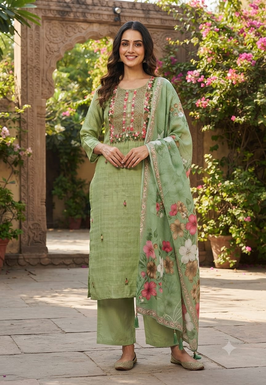 Off-White Floral & Sage Green Thread  Embroidered Ethnic Full Suit Set With Dupatta