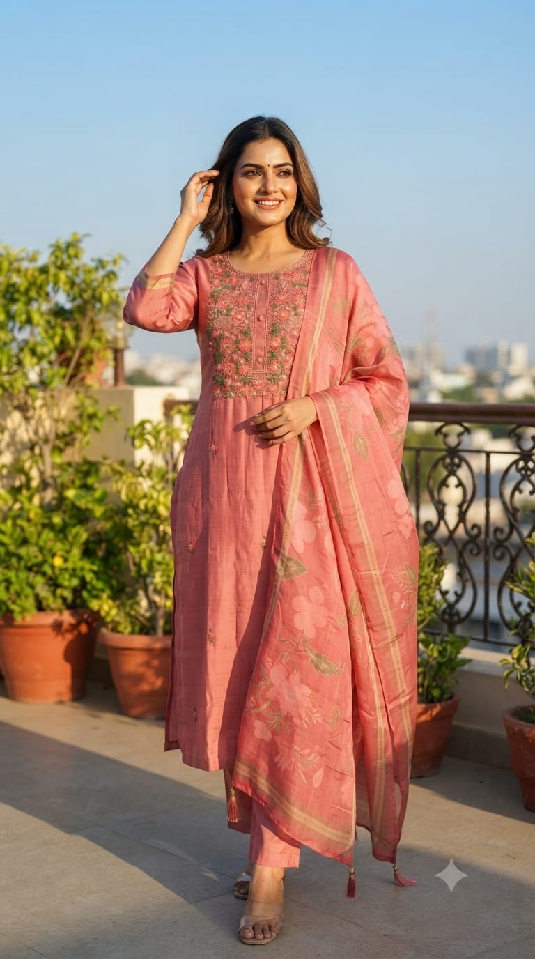 Handmade Floral Embroidered Straight Full Suit Set With Dupatta