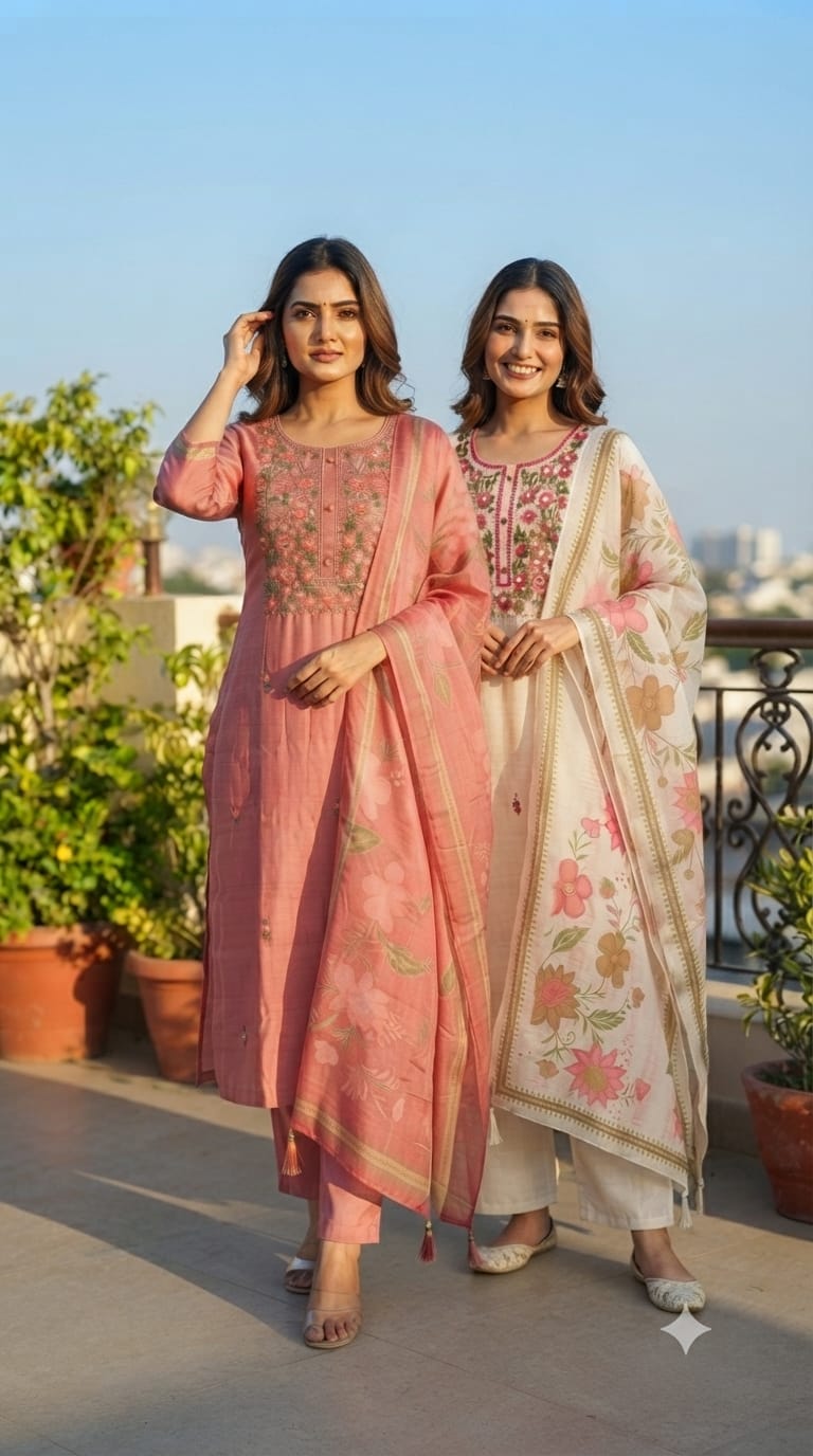 Handmade Floral Embroidered Straight Full Suit Set With Dupatta