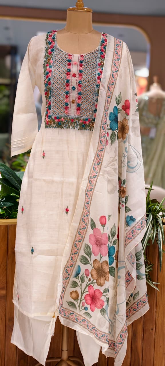 Off-White Floral & Sage Green Thread Embroidered Ethnic Full Suit Set With Dupatta- 15747