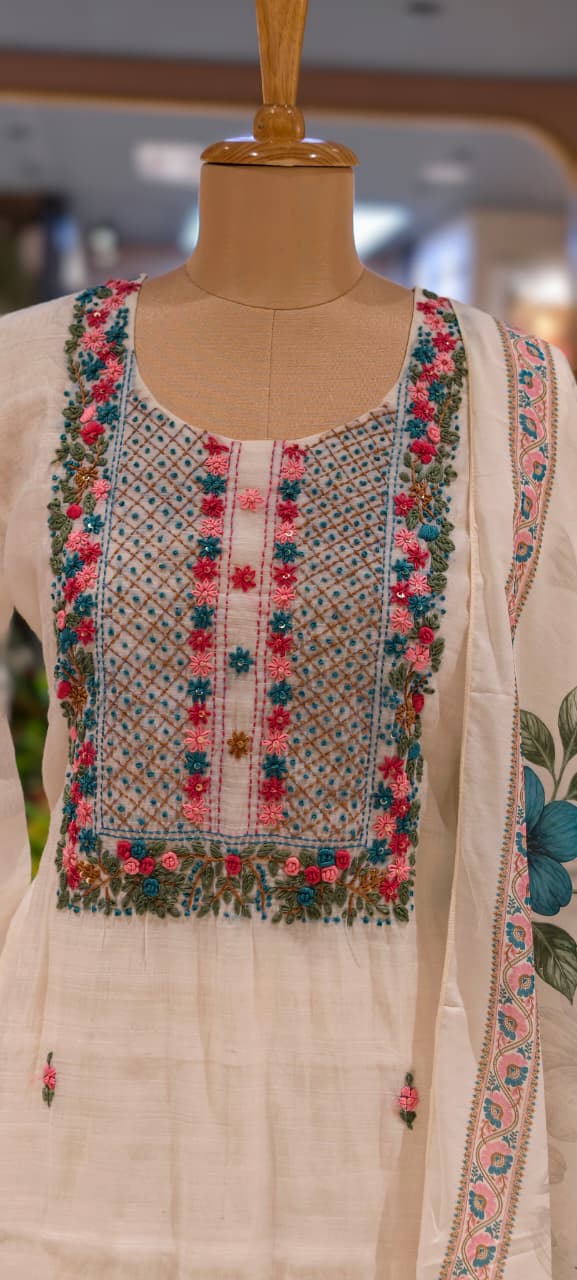 Off-White Floral & Sage Green Thread Embroidered Ethnic Full Suit Set With Dupatta- 15747