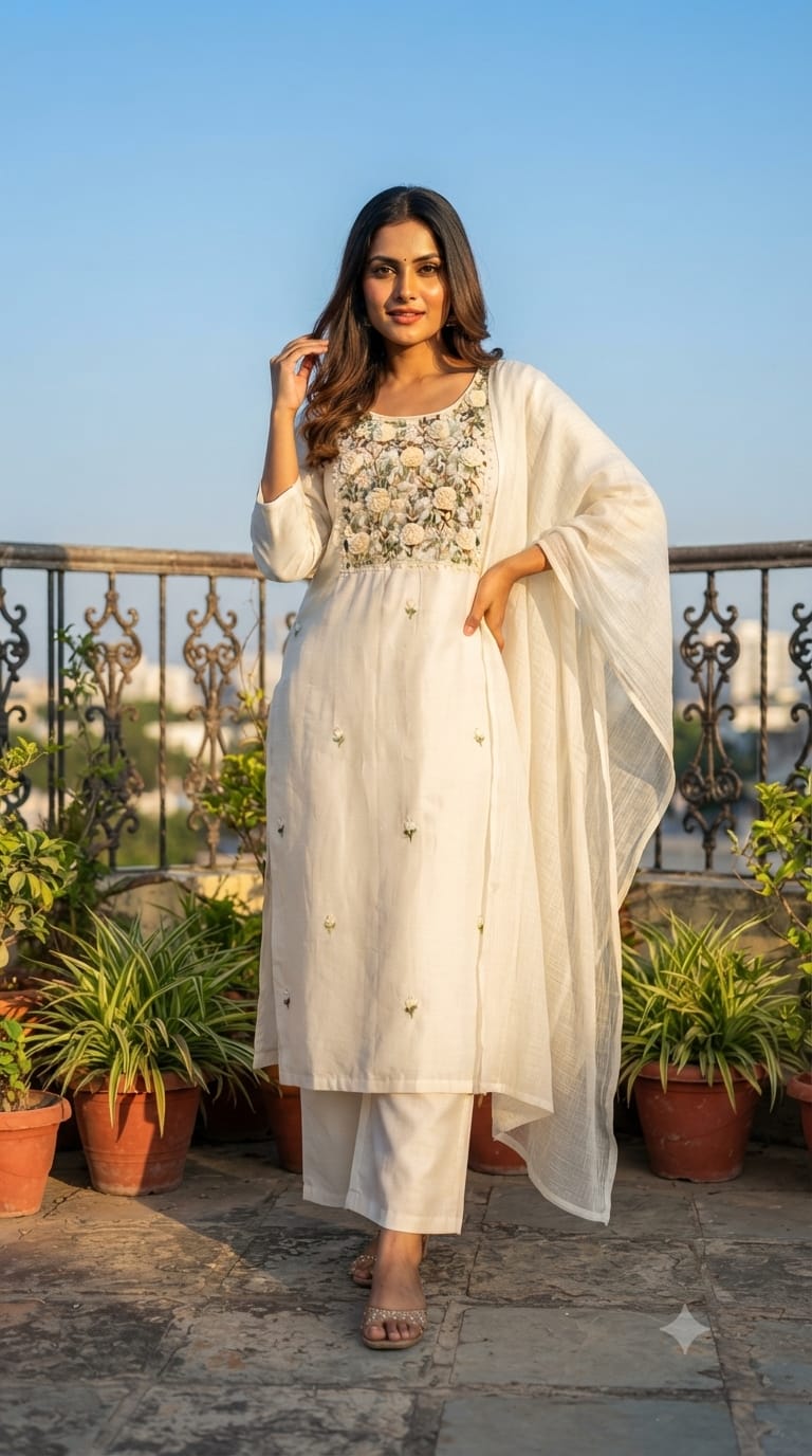 Surat Mulchanderi Rose Floral Embroidered Blush Pink Yoke Work Kurta Pant With Dupatta Set-