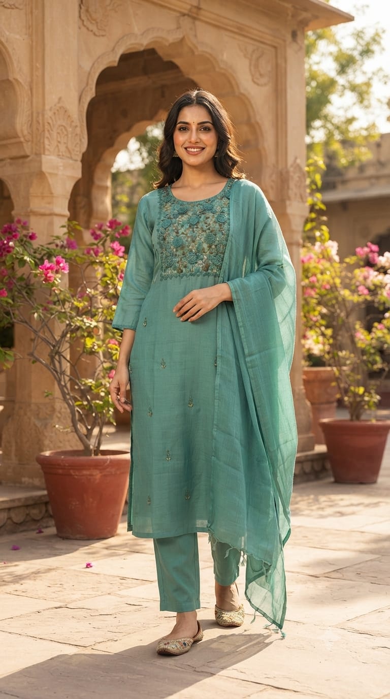 Surat Mulchanderi Rose Floral Embroidered Blush Pink Yoke Work Kurta Pant With Dupatta Set-