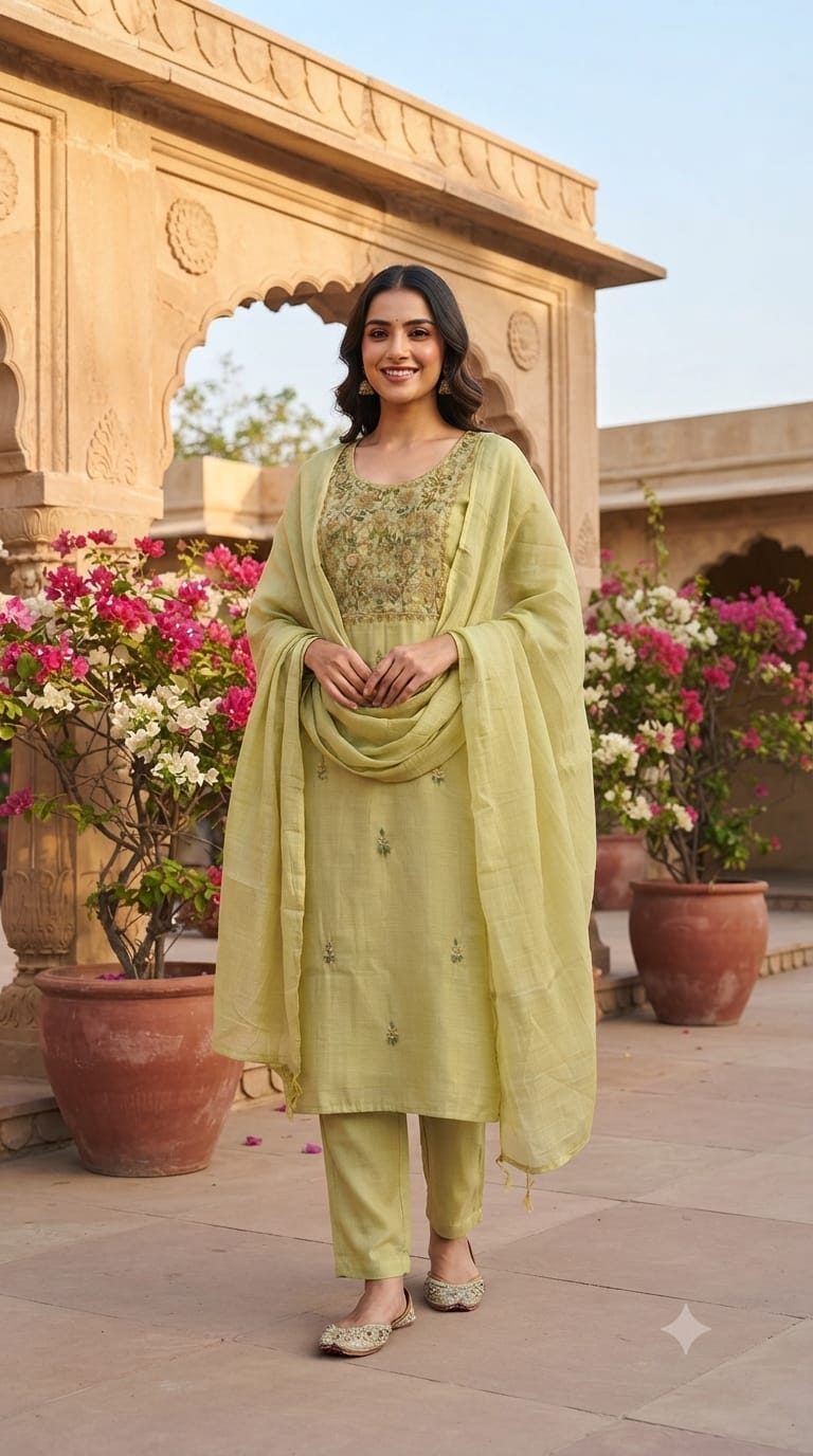 Surat Mulchanderi Rose Floral Embroidered Blush Pink Yoke Work Kurta Pant With Dupatta Set-