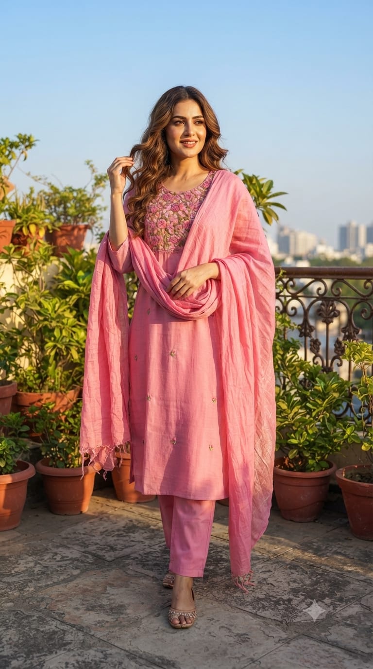 Surat Mulchanderi Rose Floral Embroidered Blush Pink Yoke Work Kurta Pant With Dupatta Set-