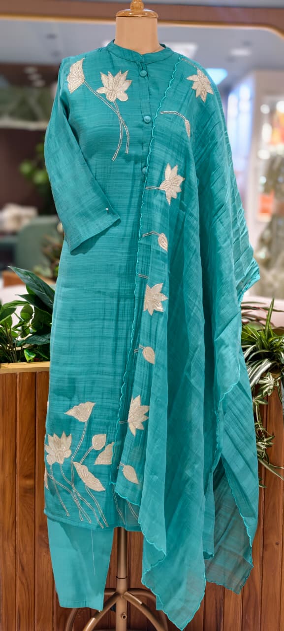 Solid Surat Mul-Chanderi Flral Applique Full Suit Set With Dupatta