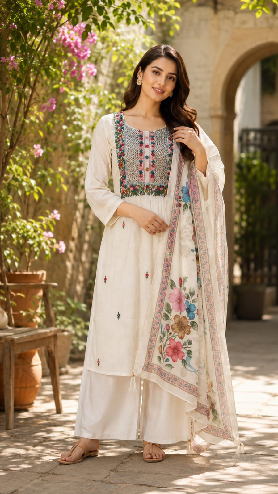 Off-White Floral & Sage Green Thread Embroidered Ethnic Full Suit Set With Dupatta- 15747