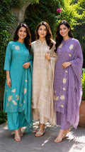 Solid Surat Mul-Chanderi Flral Applique Full Suit Set With Dupatta