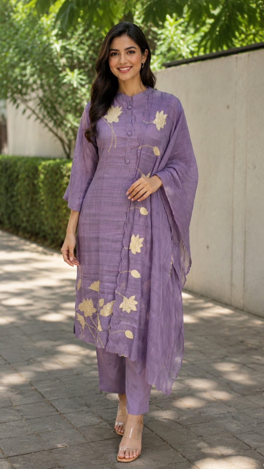 Solid Surat Mul-Chanderi Flral Applique Full Suit Set With Dupatta