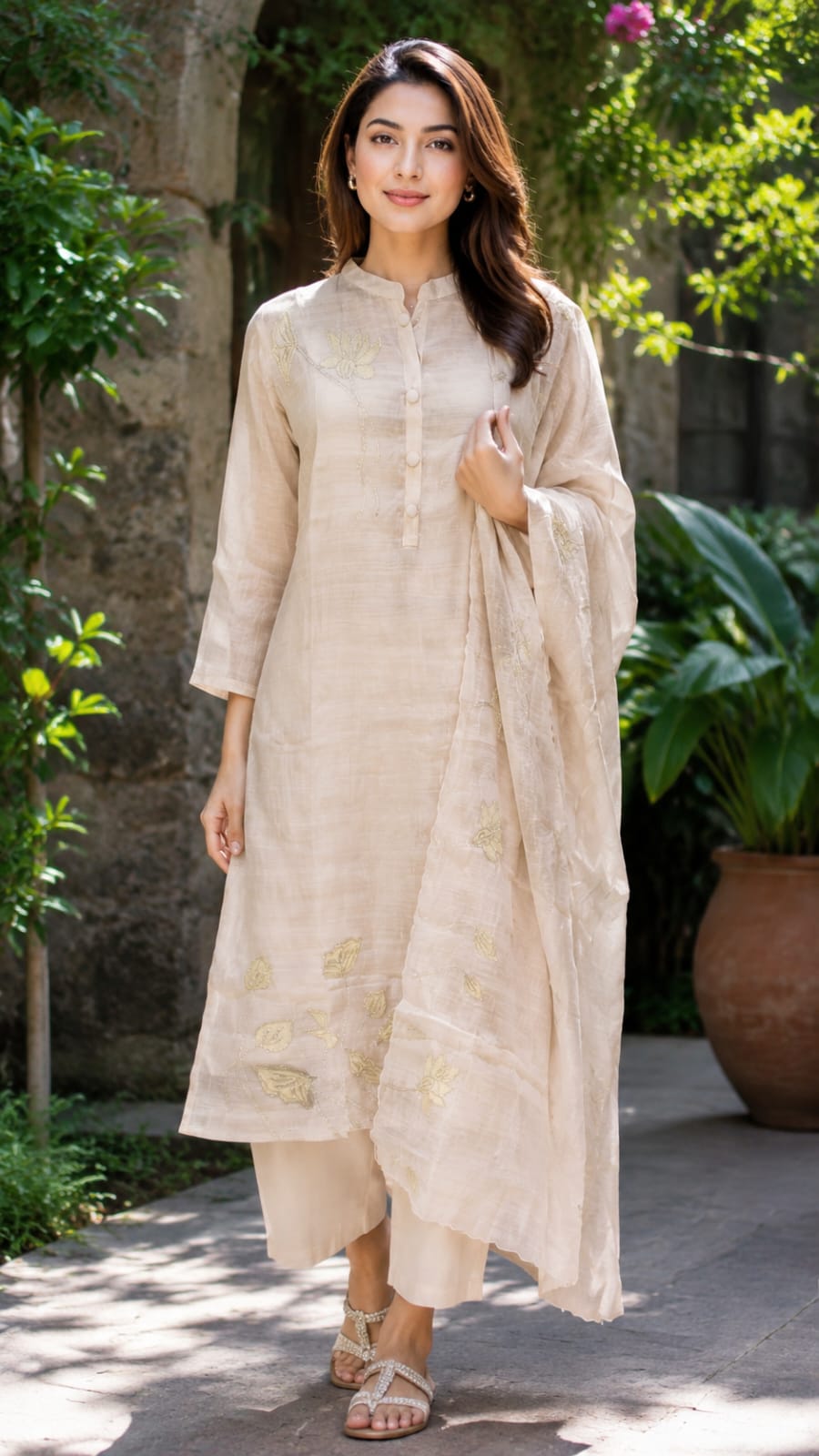 Solid Surat Mul-Chanderi Flral Applique Full Suit Set With Dupatta