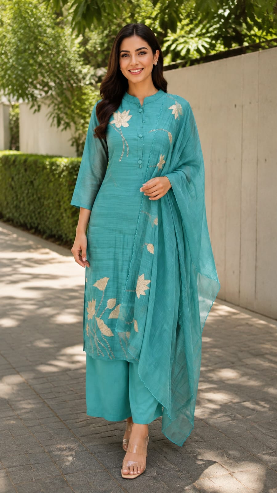 Solid Surat Mul-Chanderi Flral Applique Full Suit Set With Dupatta