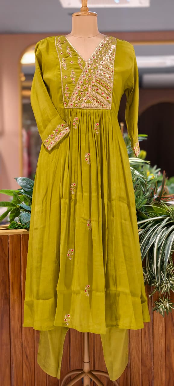 Lime Punch Zardosi Intricate Embroidery Yoke A-Line Surat Mul-Chanderi Full Suit Set With Dupatta- 15724