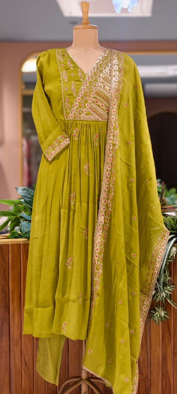 Lime Punch Zardosi Intricate Embroidery Yoke A-Line Surat Mul-Chanderi Full Suit Set With Dupatta- 15724
